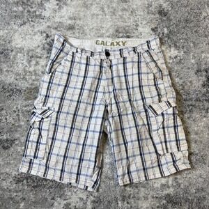Galaxy by Harvic Mens Plaid Cargo Shorts White Blue Size 34 Cotton Casual 0536
